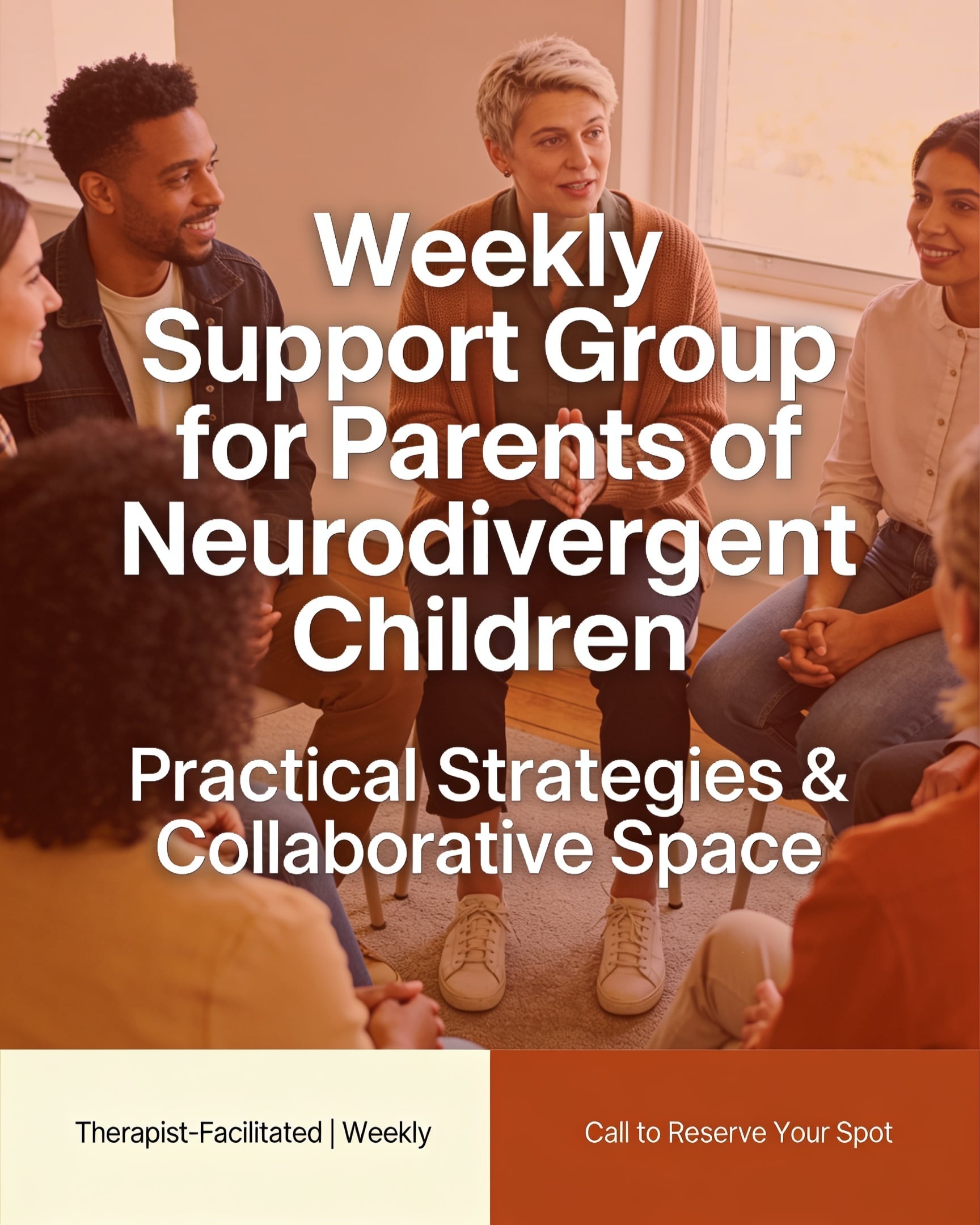 Parent support group flyer with a real photo of a support-circle gathering