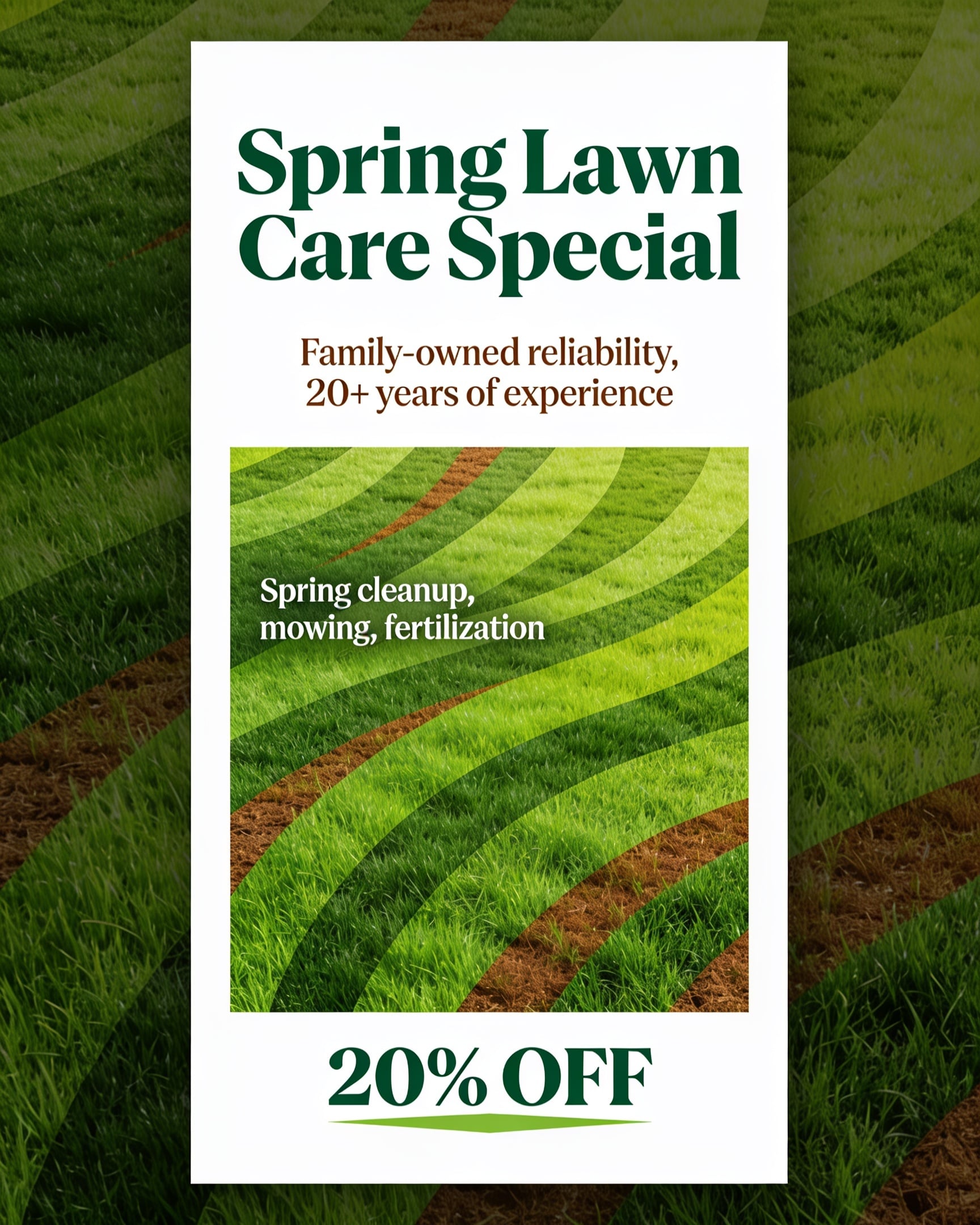 Green and white spring lawn care special offer flyer with real grass photo background