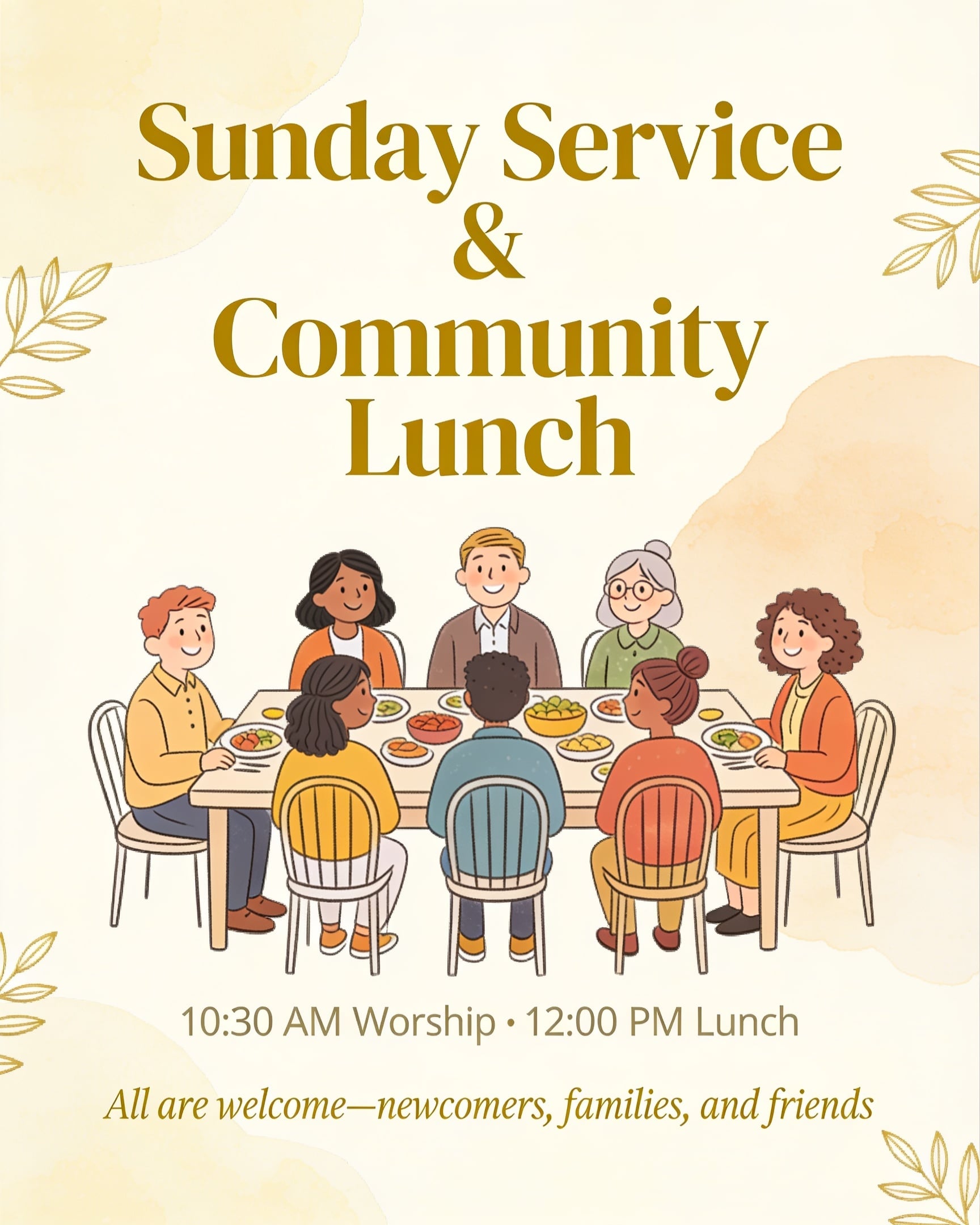 Warm gold and cream church Sunday service and community lunch flyer